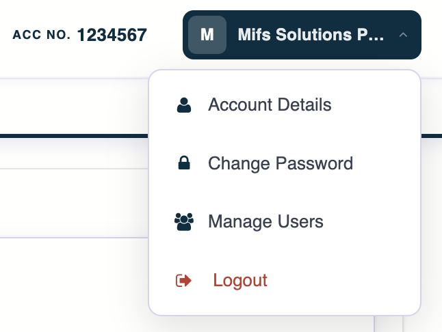 Account menu showing Account Details, Change Password, Manage Users and Logout