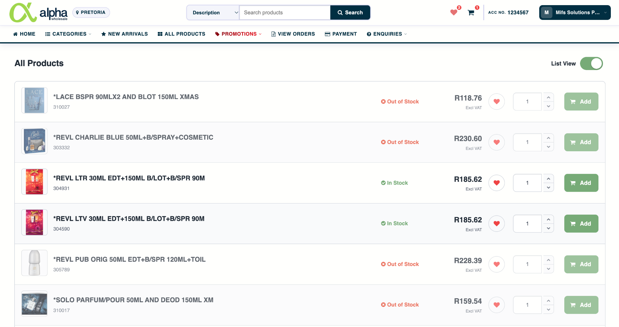 All Products list view
