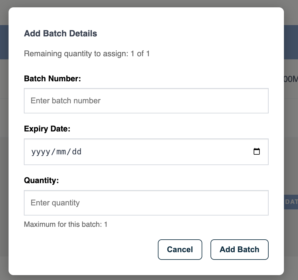 Add Batch Details dialog