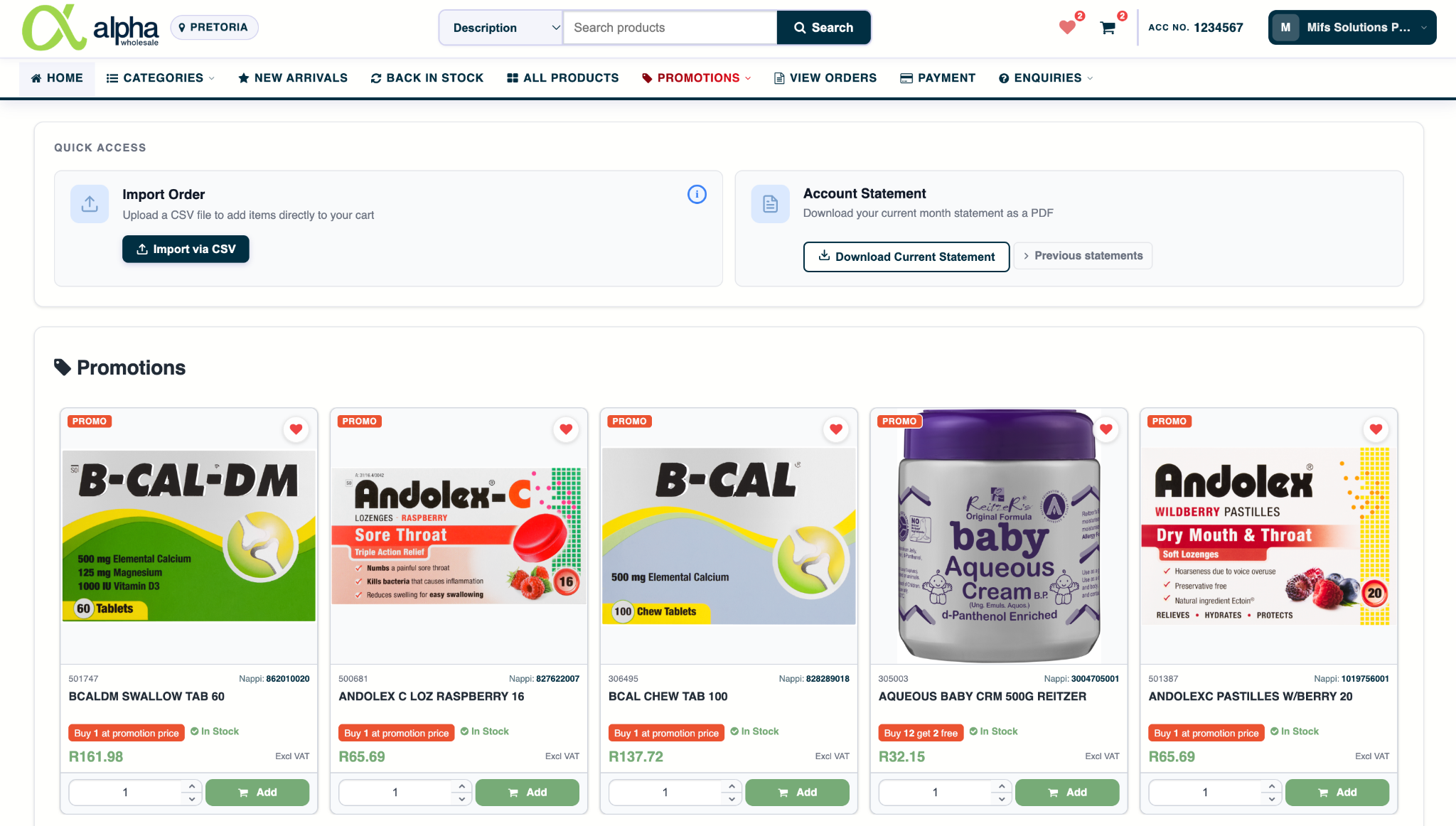 Alpha Pharm logged-in home page
