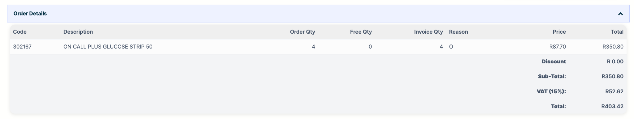 Expanded Order Details section