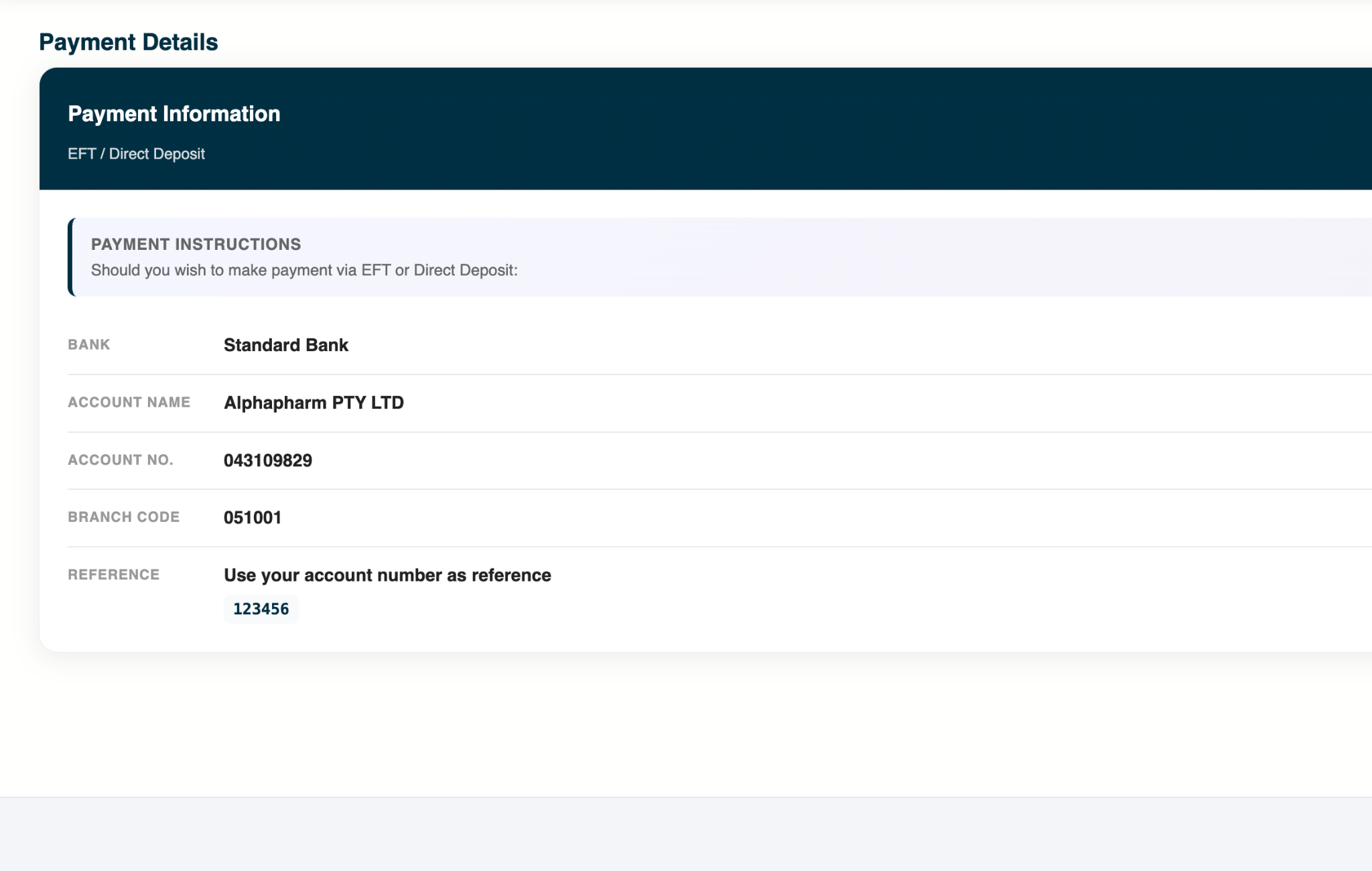 Alpha Pharm payment details screen